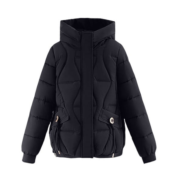 Women's Solid Color Fashionable Thick Warm Cotton-padded Coat with Hood and Long Sleeves Black L