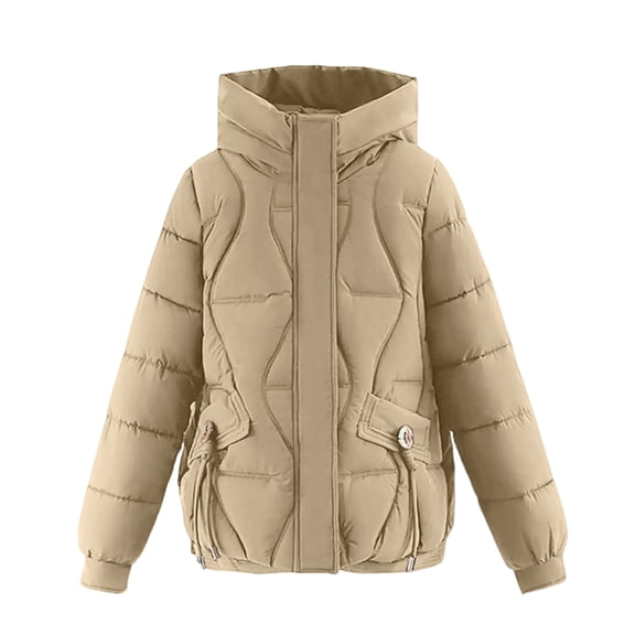 Women's Solid Color Fashionable Thick Warm Cotton-padded Coat with Hood and Long Sleeves Khaki L