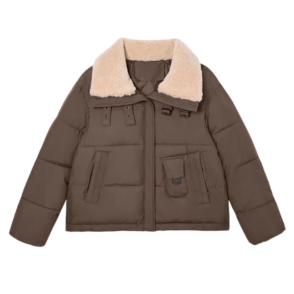 Women's Solid Color Fashionable Thick Warm Elegant Cotton-padded Coat with Lapel Long Sleeves Coffee XXL