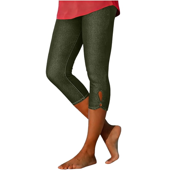 Women's Solid Color Faux Denim Capri Leggings, High Waisted Stretchy Pull On Cropped Pants, Soft Comfortable Jeggings for Yoga Work Casual Daily Wear Army Green M