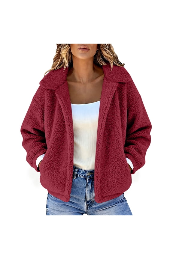 Women's Solid Color Faux Fleece Coat Jacket Outerwear Long Sleeve Casual Winter Fall Loose Fit Warm Hooded Pockets Fashion Essential for Women | Aestivo,Red L