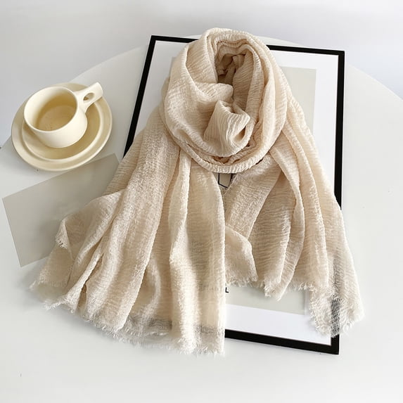 Women's Solid Color Faux Linen Scarf, Oversized Lightweight Shawl with Fringe Trim, Soft Cotton Blend Travel Wrap for Spring, Summer Evenings and Boho Style Beige One Size