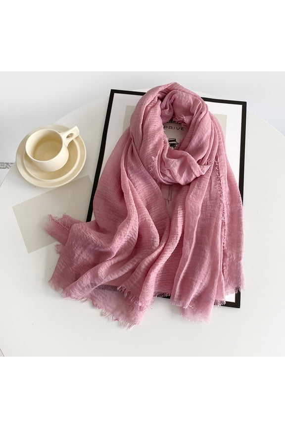 Women's Solid Color Faux Linen Scarf, Oversized Lightweight Shawl with Fringe Trim, Soft Cotton Blend Travel Wrap for Spring, Summer Evenings and Boho Style Pink One Size