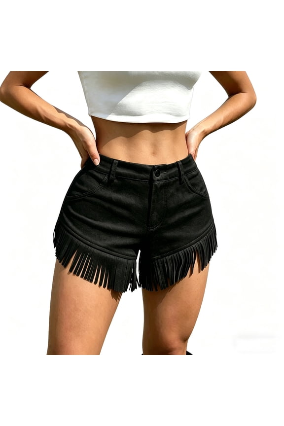 Women's Solid Color Faux Suede Fringe Shorts Low Waist Western Cowgirl Tassel Mini Shorts Black M(M)