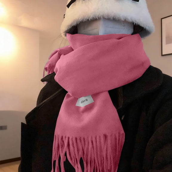 Women's Solid Color Faux Wool Scarf, Thickened Warm Winter Wrap with Tassels, Soft Luxury Feel, Long Knit Scarf, Versatile Cold Weather Accessory, Unisex Design - Pink