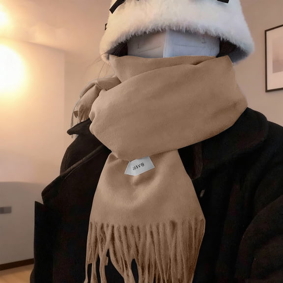 Women's Solid Color Faux Wool Scarf, Thickened Warm Winter Wrap with Tassels, Soft Luxury Feel, Long Knit Scarf, Versatile Cold Weather Accessory, Unisex Design - Khaki