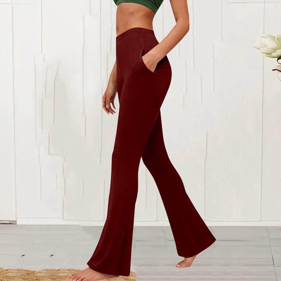 Women's Solid Color Flare Leggings with Pockets, High Waisted Yoga Pants, Stretchy Soft Bootcut Workout Leggings, Athletic Compression Pants for Women Wine M