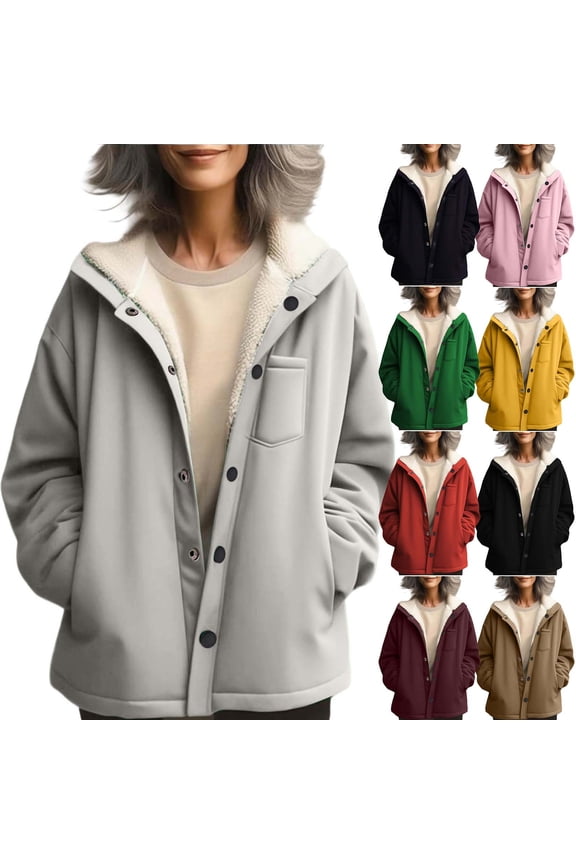 Women's Solid Color Fleece Hooded Jacket with Velvet Lining Tops Coats Outerwear Long Sleeve Button Front Warm Loose Fit Casual Streetwear Loungewear Winter Fashion Essential Gift for Women