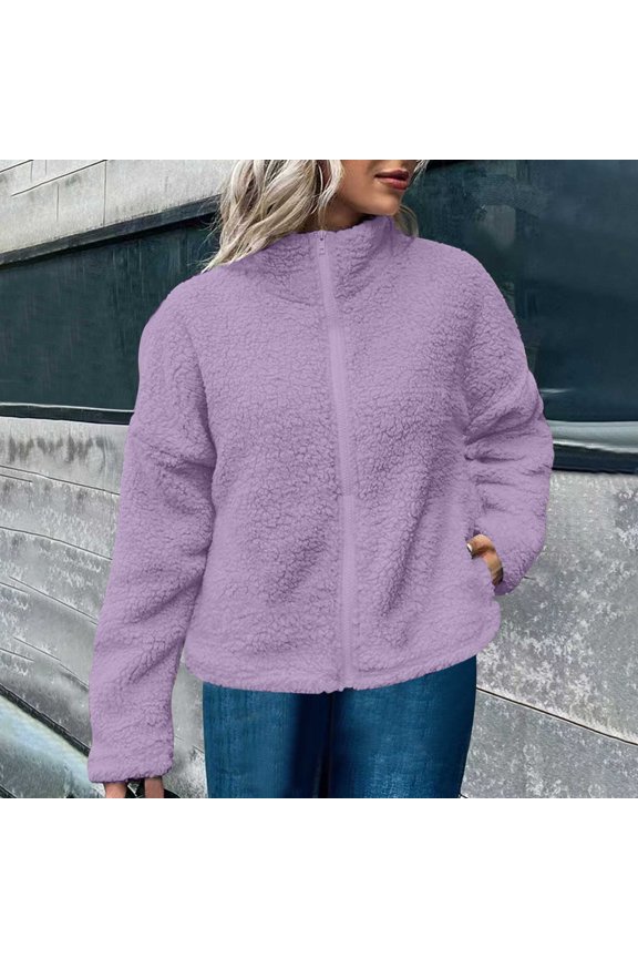 Women's Solid Color Fleece Jacket Cardigan Stand Collar With Pockets Warm​​