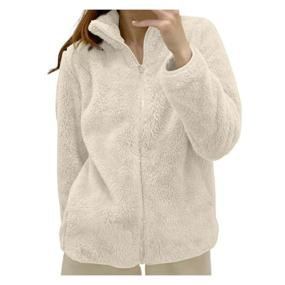 Women's Solid Color Fleece Jacket - Collar Zip Up for a Cozy and Fashionable Outerwear Option