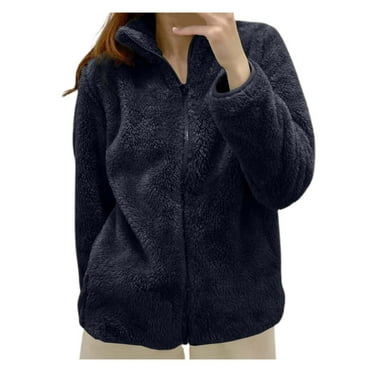 Women's Solid Color Fleece Jacket - Collar Zip Up for a Cozy and Fashionable Outerwear Option