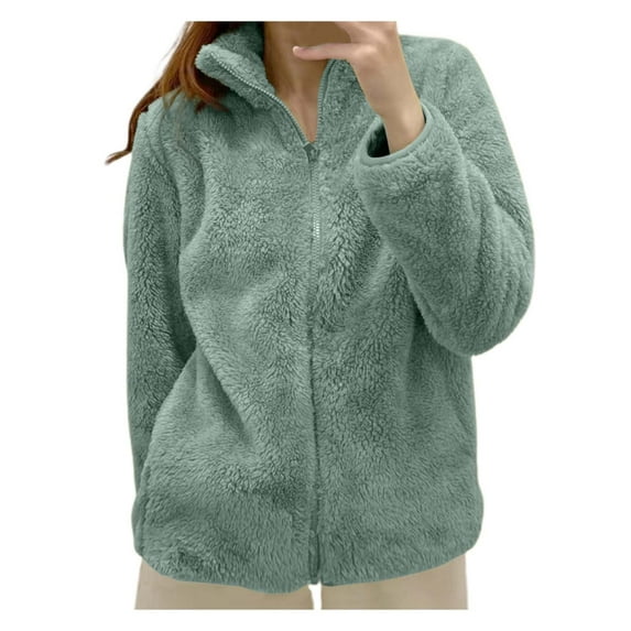Women's Solid Color Fleece Jacket Thick Zip Up Stand Collar Coat, Warm and Stylish Winter Outerwear for Women