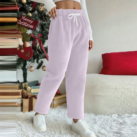 Women's Solid Color Fleece Pajama Pants with Elastic Waist and Bear Print for Casual Home Wear