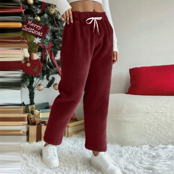 Women's Solid Color Fleece Pajama Pants with Elastic Waist and Bear Print for Casual Home Wear