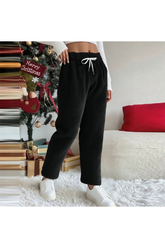 Women's Solid Color Fleece Pajama Pants with Elastic Waist and Bear Print for Casual Home Wear