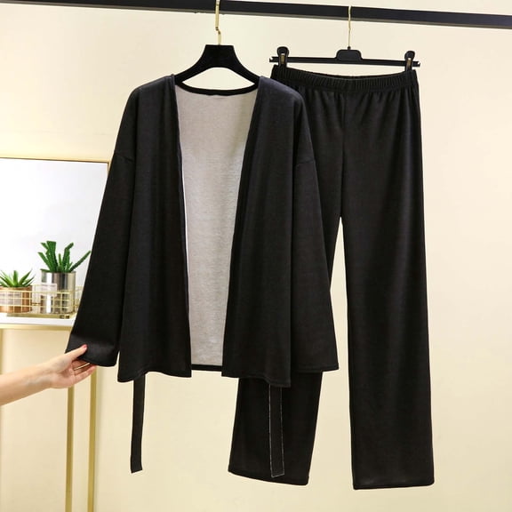 Women's Solid Color Fleece Pajama Set Long Sleeve Cardigan with Tie Long Pants Warm Soft Loungewear Home Sleep Casual Fashion Outfit Black L