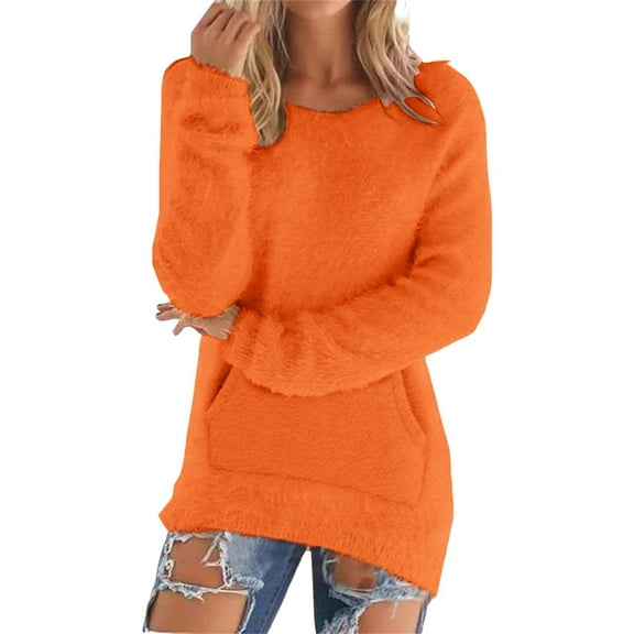 Women's Solid Color Fleece Pullover with Pockets, Soft Warm Long Sleeve Mid-Length Sweater, Casual Comfortable Streetwear and Loungewear for Daily Wear and Cold Weather Orange XXL