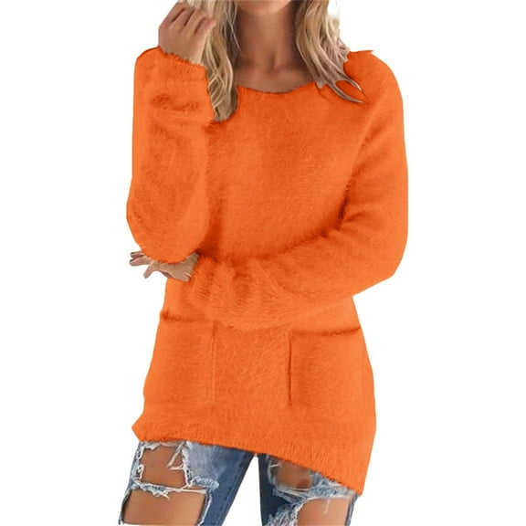 Women's Solid Color Fleece Pullover with Pockets, Soft Warm Long Sleeve Mid-Length Sweater, Casual Comfortable Streetwear and Loungewear for Daily Wear and Cold Weather Orange XXXXXL