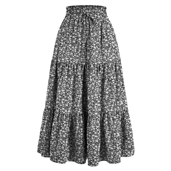 Women's Solid Color Floral Lace Elastic Waist Loose Long Skirt - Stylish Floral Print A-Line Maxi Skirt with Adjustable Tie for Casual Outfits and Summer Occasions,Dark Gray XL