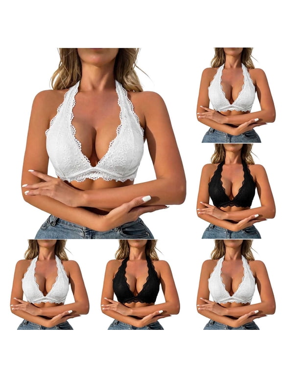 Women's Solid‑Color Floral Lace Halter Bralette, Breathable Wireless Push‑Up Bra, Adjustable Back Closure Moderate Support Everyday Underwear for Ladies White XL