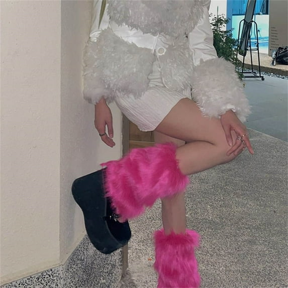 Women's Solid Color Fluffy Long Tube Socks, Single Pair Thermal Winter Socks with Wool Blend, Soft Warm Mid-Calf Socks for Cold Weather, Cozy Fuzzy Socks with 5 Size Options for Women - Hot Pink