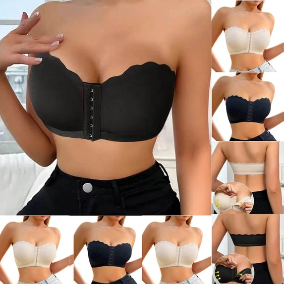 Women's Solid Color Free Push-up Bra With Front Clasp Breathable And Adjustable Strapless Bandeau Bra
