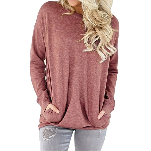 Women's Solid Color Front Pocket Long Sleeve Autumn Casual Top ...