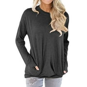 Women's Solid Color Front Pocket Long Sleeve Autumn Casual Top