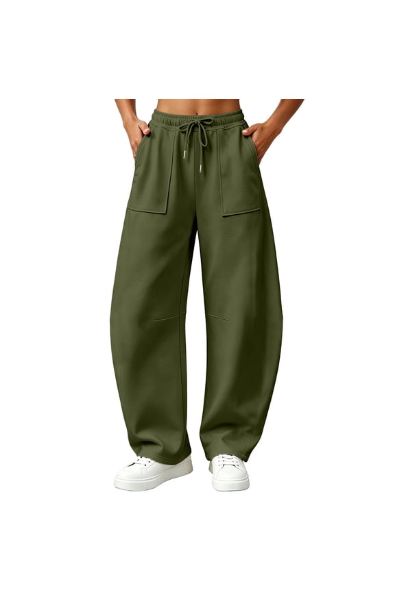 Women's Solid Color Front Square Patch Pocket Wide Leg Sweatpants Drawstring Elastic Waist Loose Barrel Silhouette for Campus Daily Wear Army Green M