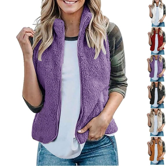 Women's Solid Color Fleece Vest Oversized Sleeveless Jacket Warm Button Down Outerwear with Pockets Womens Vest Sleeveless Jackets Zip Up Casual Coats Fall Winter Womens Tops Travel Vest
