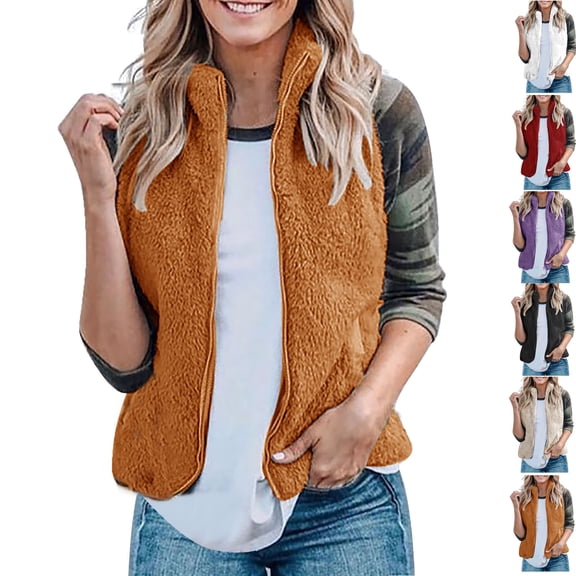Women's Solid Color Fuzzy Fleece Vest Oversized Sleeveless Jacket Warm Button Down Gilet Outerwear with Pockets Womens Vest Sleeveless Jackets Zip Up Casual Coats Fall Winter Womens Tops