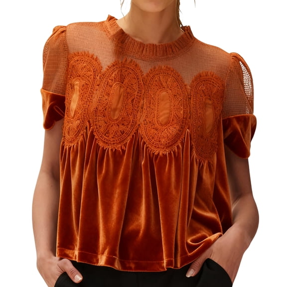 Women's Solid Color Gold Velvet Short Sleeved Round Neck Top for Luxurious and Fashionable Women's Clothing,Saffron,L