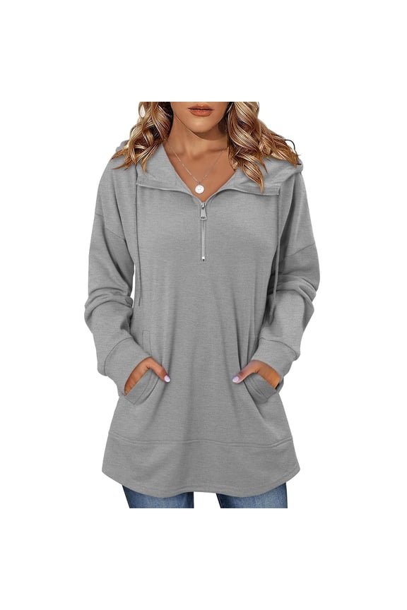 Women's Solid Color Half Zip Hoodie Sweatshirt with Drawstring Hood and Pockets for Casual Loungewear Streetwear and Travel Fashion Essential Gift for Ladies | Sopatenor,Gray XL