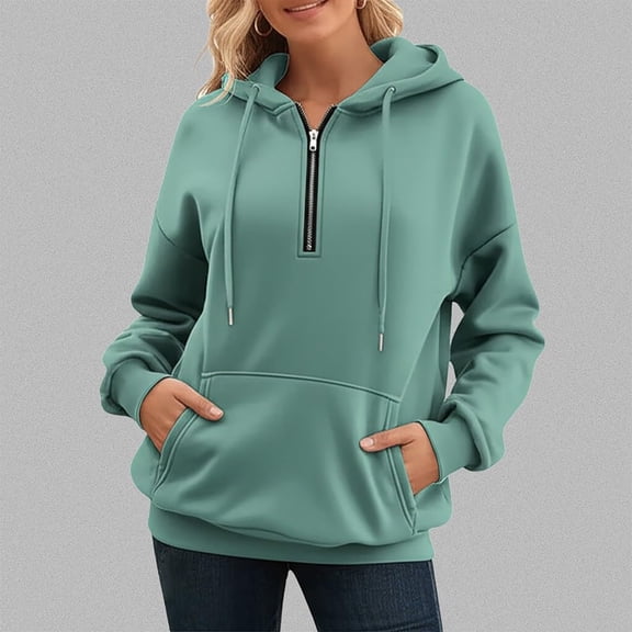 Women's Solid Color Half Zip Hoodie, Trendy Pullover with Soft Fleece Lining, Cute Streetwear Hooded Sweatshirt for Fall Winter 2025, Comfortable Casual Wear for Daily Activities and Outings Green S