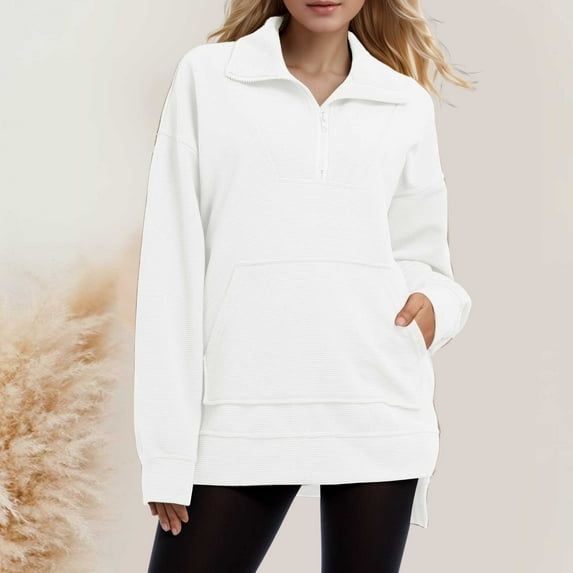 Women's Solid Color Half Zip Lapel Loose Casual Hem Irregular Hoodie Color Long Sleeve Sweatshirt Comfy Women Set Large Sweatshirt Women Light Hoodies Ladies Ladies Sweat Outfits Athletic Sports