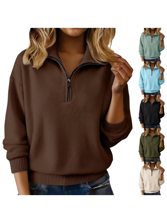 Women's Solid Color Half Zip Turndown Collar Long Sleeve Pullover Tops Knitted Sweaters Loose Fit Casual Daily Wear Loungewear Fashion Essential Gift for Women | Aestivo,Black L