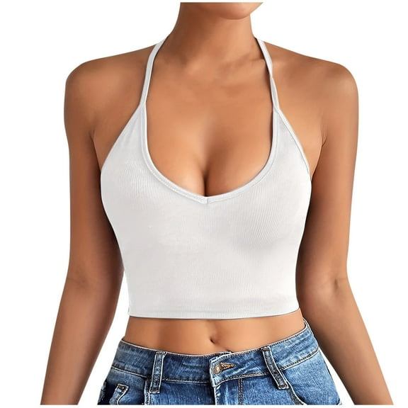 Women's Solid Color Halter Crop Tops V Neck Sleeveless Backless Trendy Tops Casual Slim Fit Tops