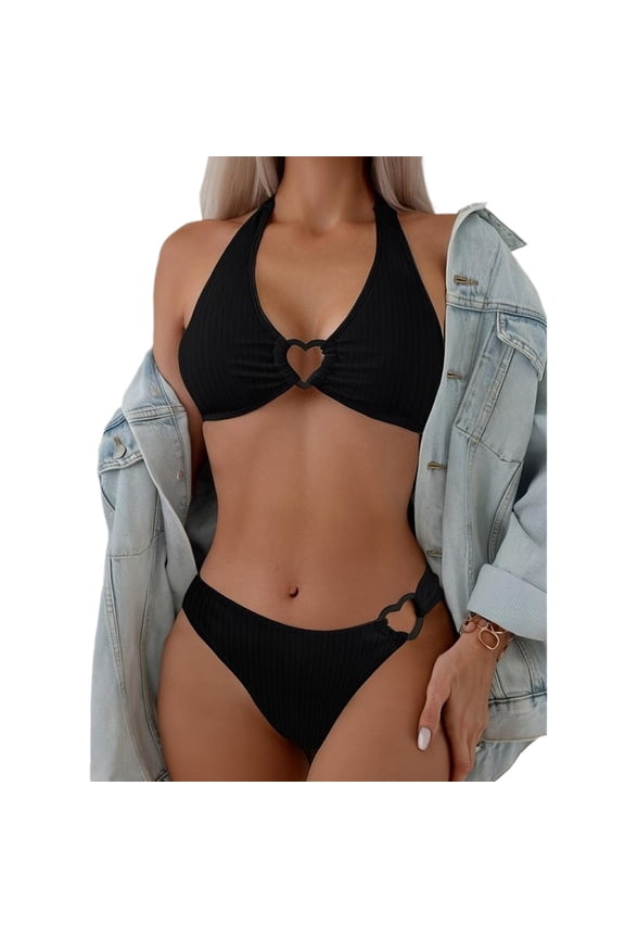 Women's Solid Color Halter Neck Bikini Set with Sexy Heart Cutouts, High Stretch Elegant Swimsuit, Hand Wash Only