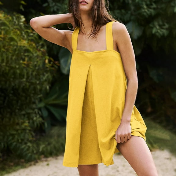 DailyTrove Women's Solid Color Halter Neck Mini Dress, Sleeveless, Casual Beach & Festival Wear, Lightweight Chiffon Blend, Fit & Flare, Contrast Hem