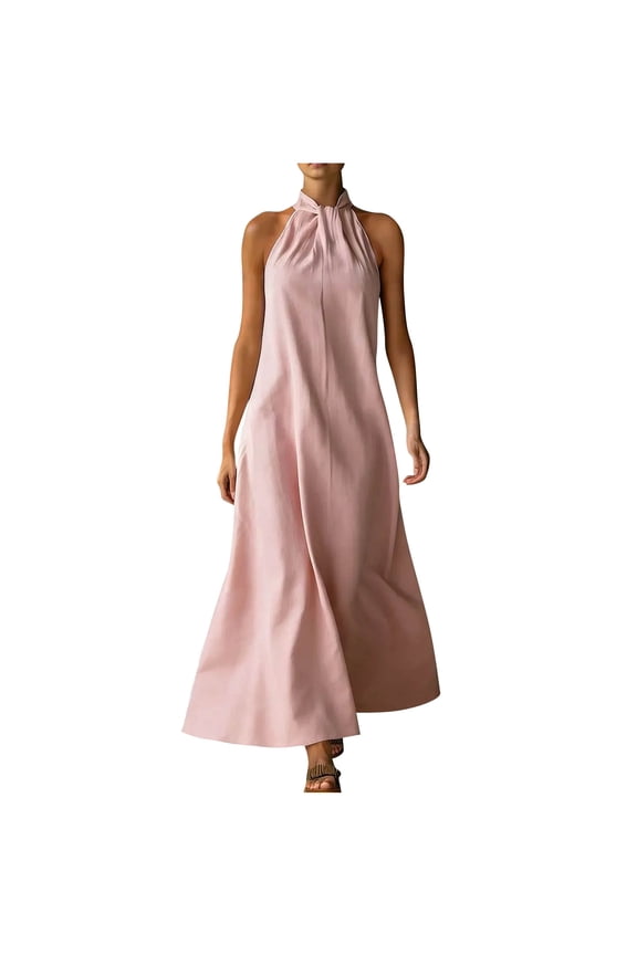 Women's Solid Color Halter Slip Dress Sleeveless Flowy Tiered Midi‑Maxi Vacation Dress with Functional Pockets Pink M(M)