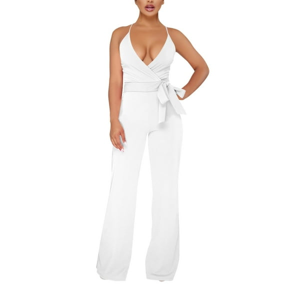 Women's Solid Color Halter V-Neck Lace-Up Jumpsuit - Stylish Casual Outfit for Party/Daily - Stretchy Fabric