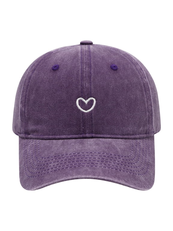 Women's Solid Color Heart Embroidered Baseball Cap, Soft Top Washed Cotton Adjustable Cap for Outdoor Daily Wear, Simple Embroidery Design Casual Sun Hat for Women and Ladies Purple