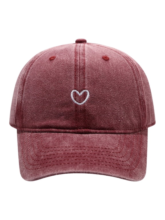 Women's Solid Color Heart Embroidered Baseball Cap, Soft Top Washed Cotton Adjustable Cap for Outdoor Daily Wear, Simple Embroidery Design Casual Sun Hat for Women and Ladies Red