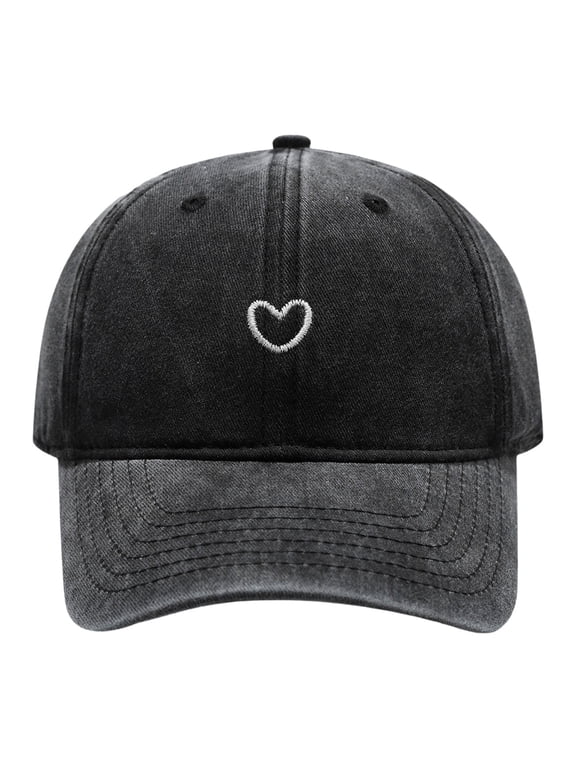 Women's Solid Color Heart Embroidered Baseball Cap, Soft Top Washed Cotton Adjustable Cap for Outdoor Daily Wear, Simple Embroidery Design Casual Sun Hat for Women and Ladies Black