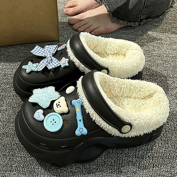 Women's Solid Color Heat-Lined Clogs, Slip-on Soft-Soled Platform Non-Slip Fluffy Shoes (Black 35)