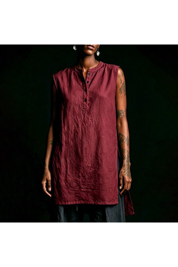 Women's Solid Color Henley Neck Sleeveless Longline Cotton Linen Top, Loose Fit with Half Button Placket, Casual Summer Daily Wear for Beach or Home, Breathable and Lightweight Wine S