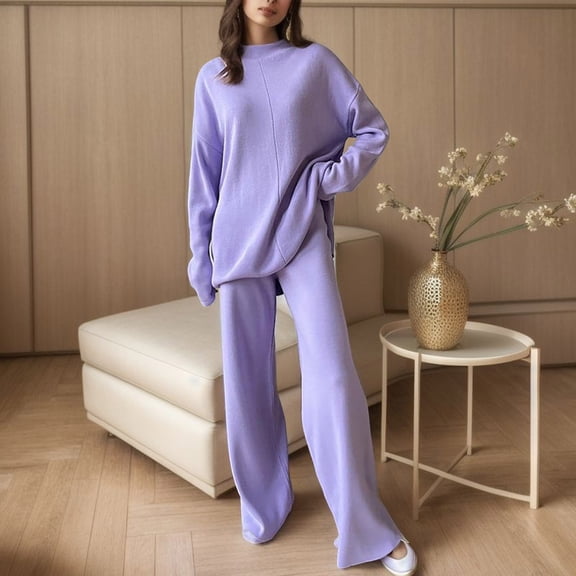 Women's Solid Color High Autumn Winter Temperament Knitted Sweater Pants Set Snow Gear for Women Work Pantsuit Women's Ski Bibs Ski Suit Summer Pantsuit Dress Grandmother Suits Women Business Striped