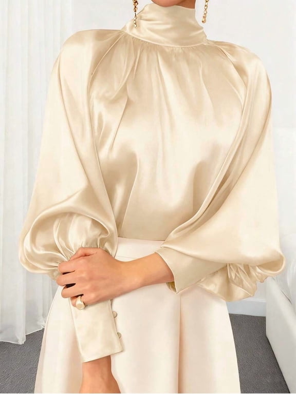 Women's Solid Color High Collar Lantern Sleeve Fashionable Modest Elegant Blouse, Spring/Autumn