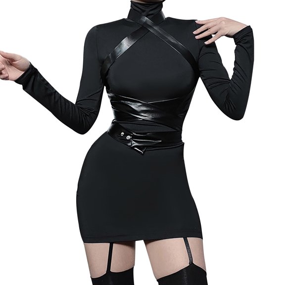 Women's Solid Color High Neck Elegant Slim Fit Gothic Long Sleeve Bodycon Dress