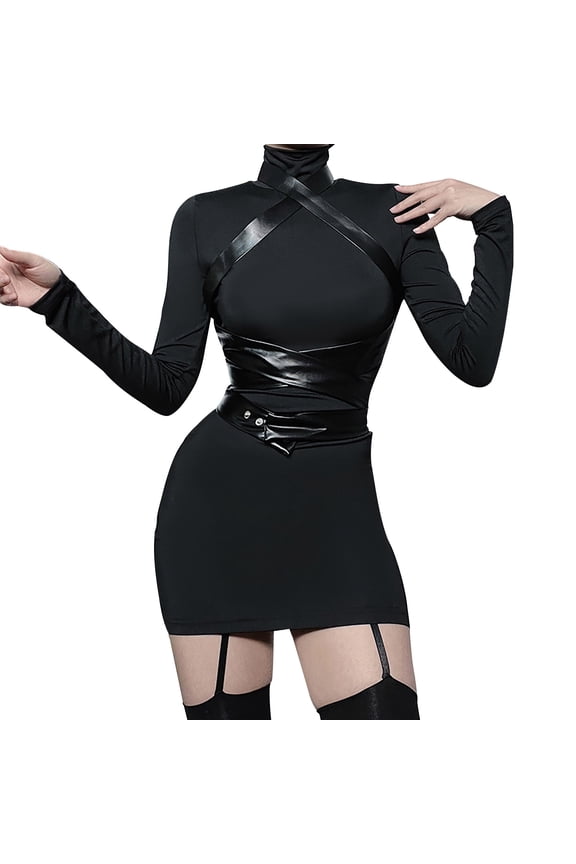 Women's Solid Color High Neck Elegant Slim Fit Gothic Long Sleeve Bodycon Dress